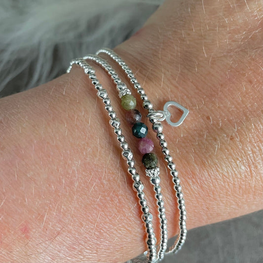 October Birthstone Multi Coloured Tourmaline Bracelet Set, Dainty Sterling Silver Stacking Bracelets for Women