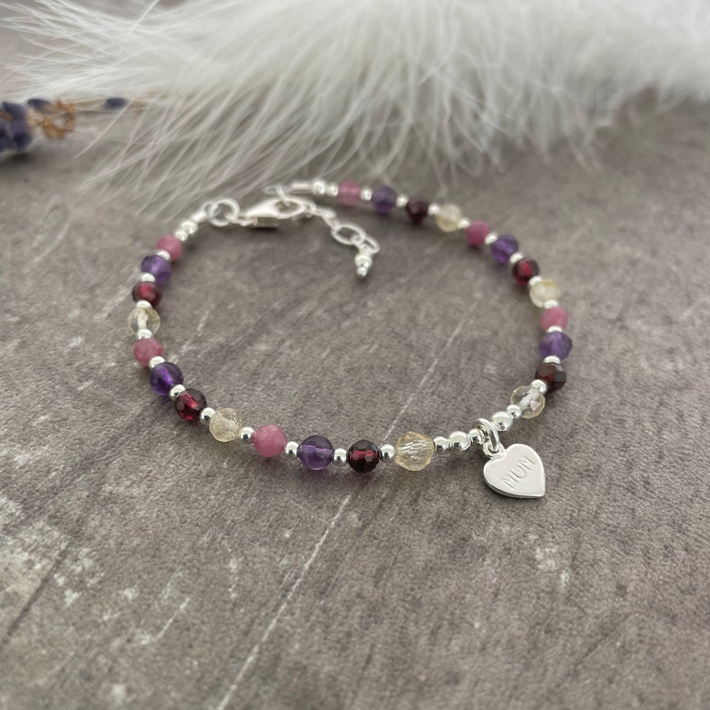 Mum Birthstone Bracelet, Family Birthstones with Mum Heart Tag