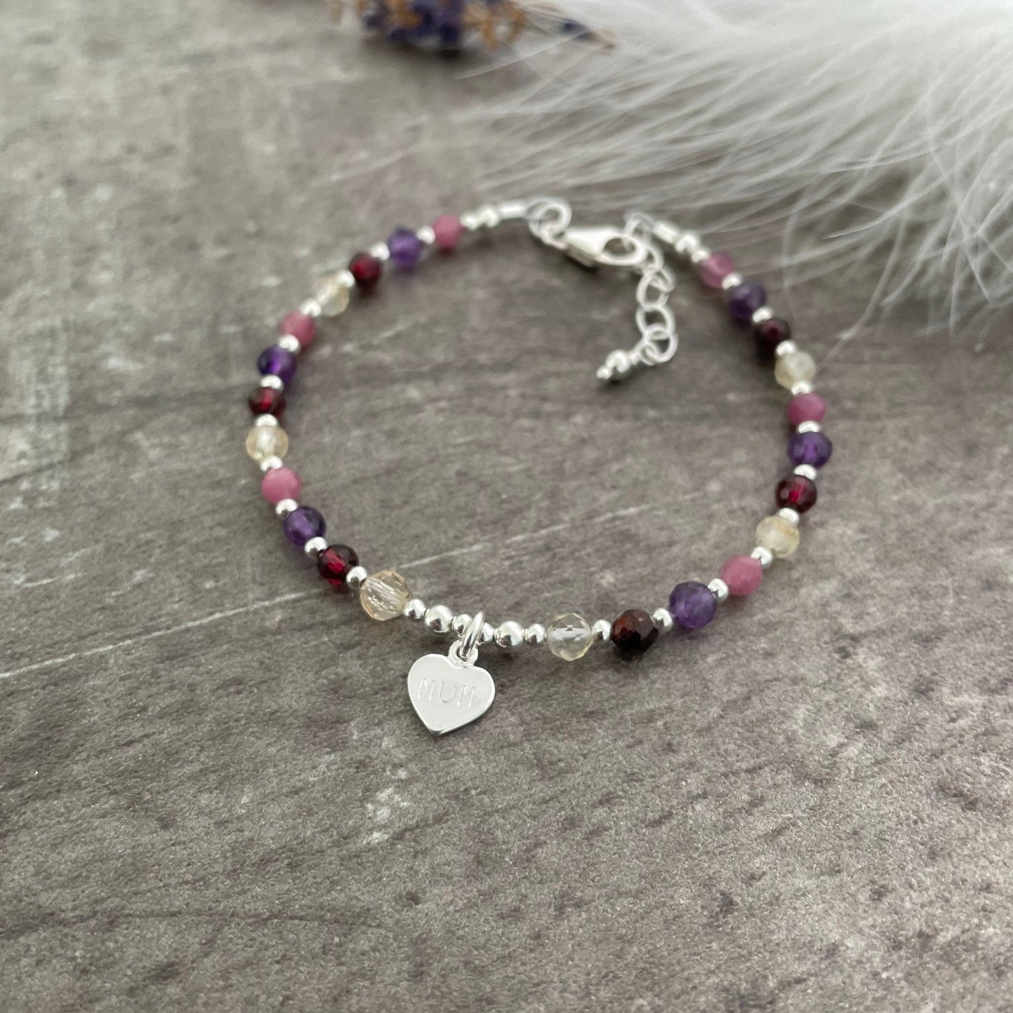 Mum Birthstone Bracelet, Family Birthstones with Mum Heart Tag