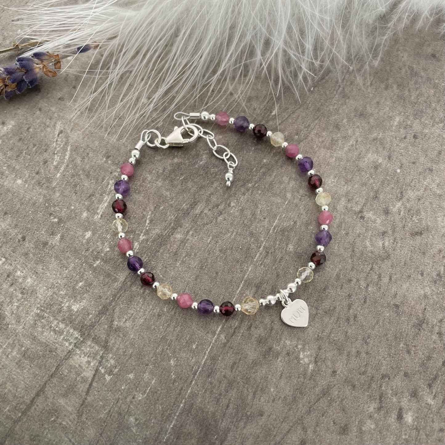 Mum Birthstone Bracelet, Family Birthstones with Mum Heart Tag