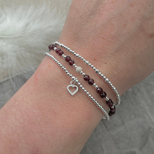 A Dainty January Birthstone Garnet Bracelet Set, January Stacking Bracelets for Women in Sterling Silver