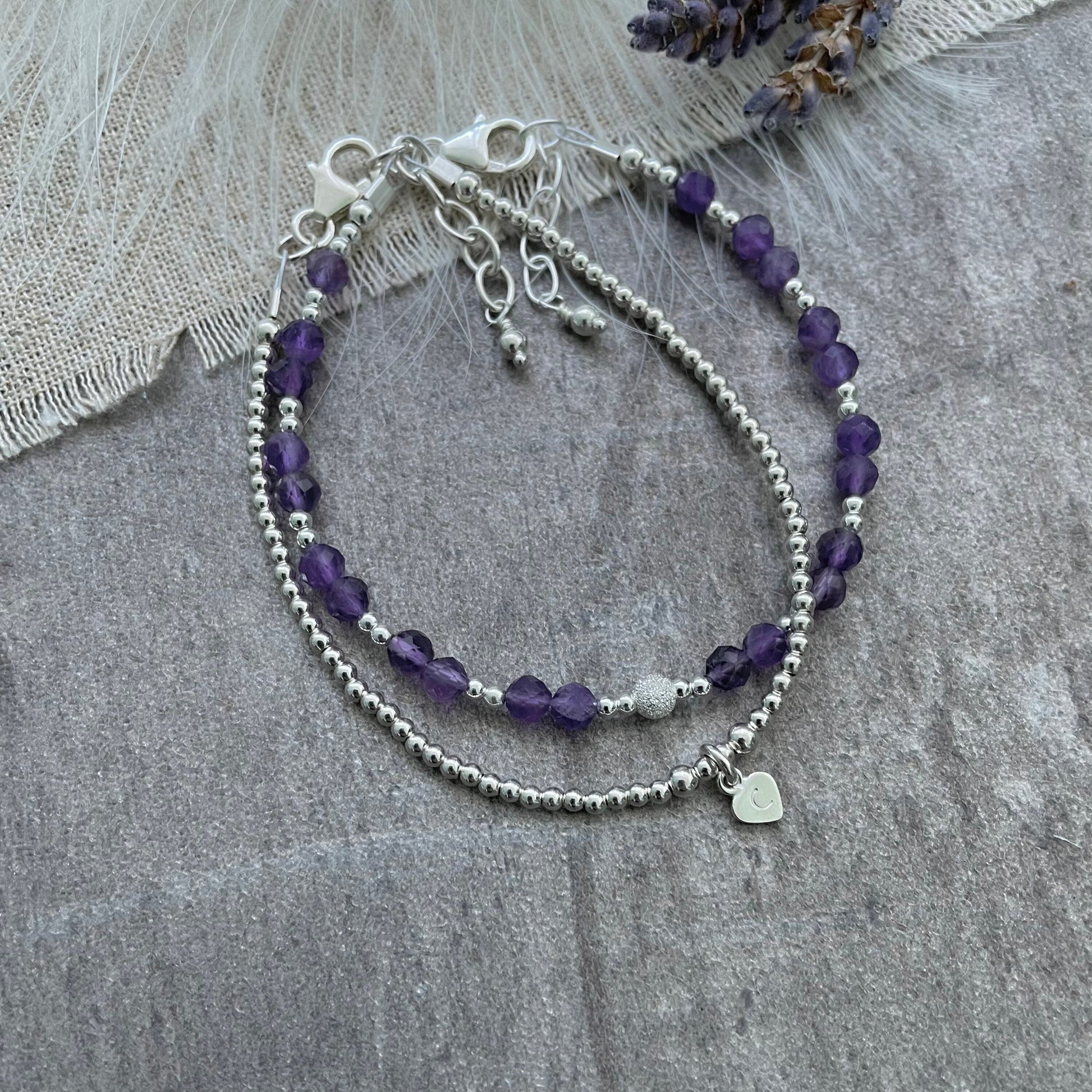 Set of 2 February Birthstone Amethyst Bracelets, Stacking Bracelets for February Birthday, Amethyst Jewellery for Women