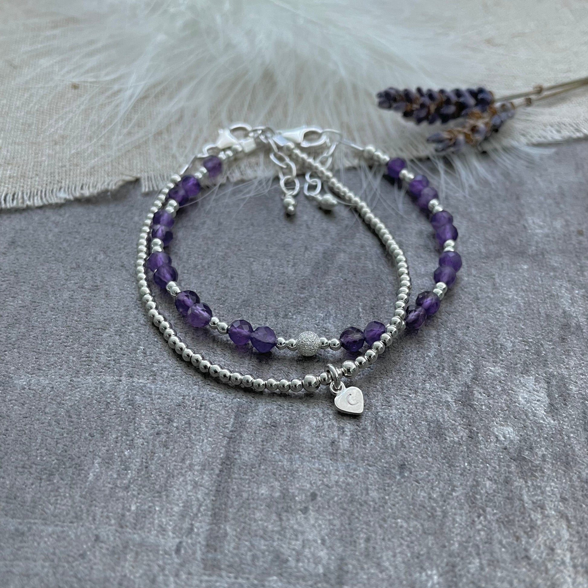 Set of 2 February Birthstone Amethyst Bracelets, Stacking Bracelets for February Birthday, Amethyst Jewellery for Women