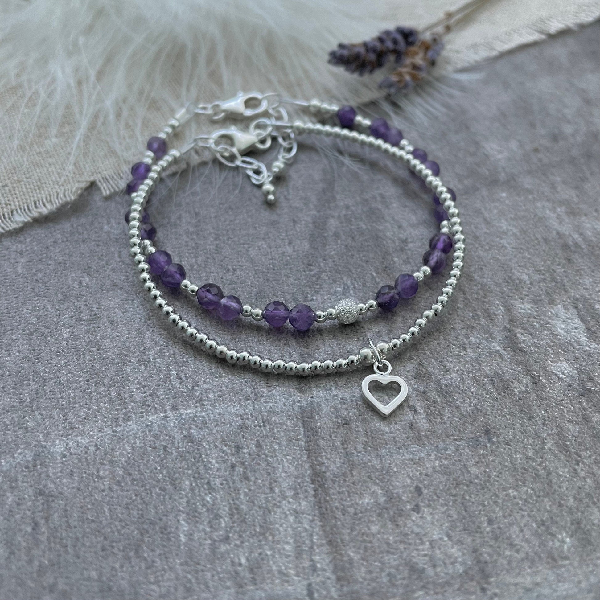 Amethyst Bracelet Set made with February Birthstone and Sterling Silver, February Birthday Gift for Women