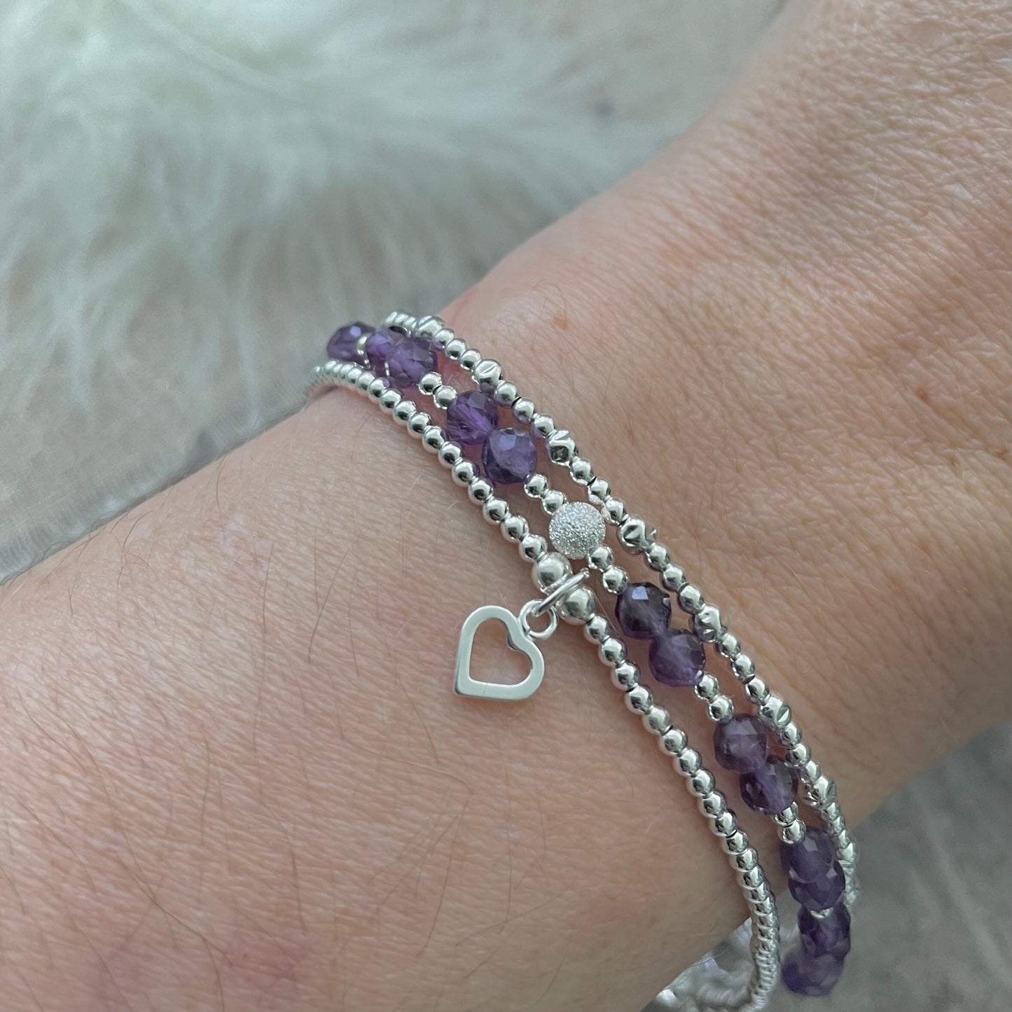 A Dainty February Birthstone Amethyst Bracelet Set, February Stacking Bracelets for Women in Sterling Silver