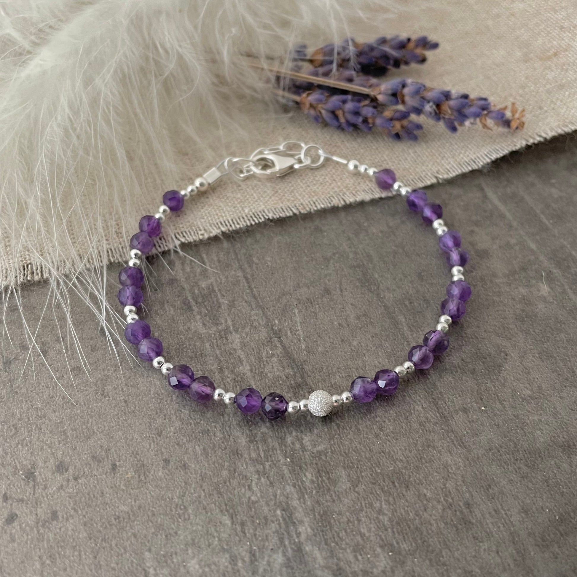 February Birthstone Bracelet, Dainty Amethyst Bracelet in Sterling Silver nft