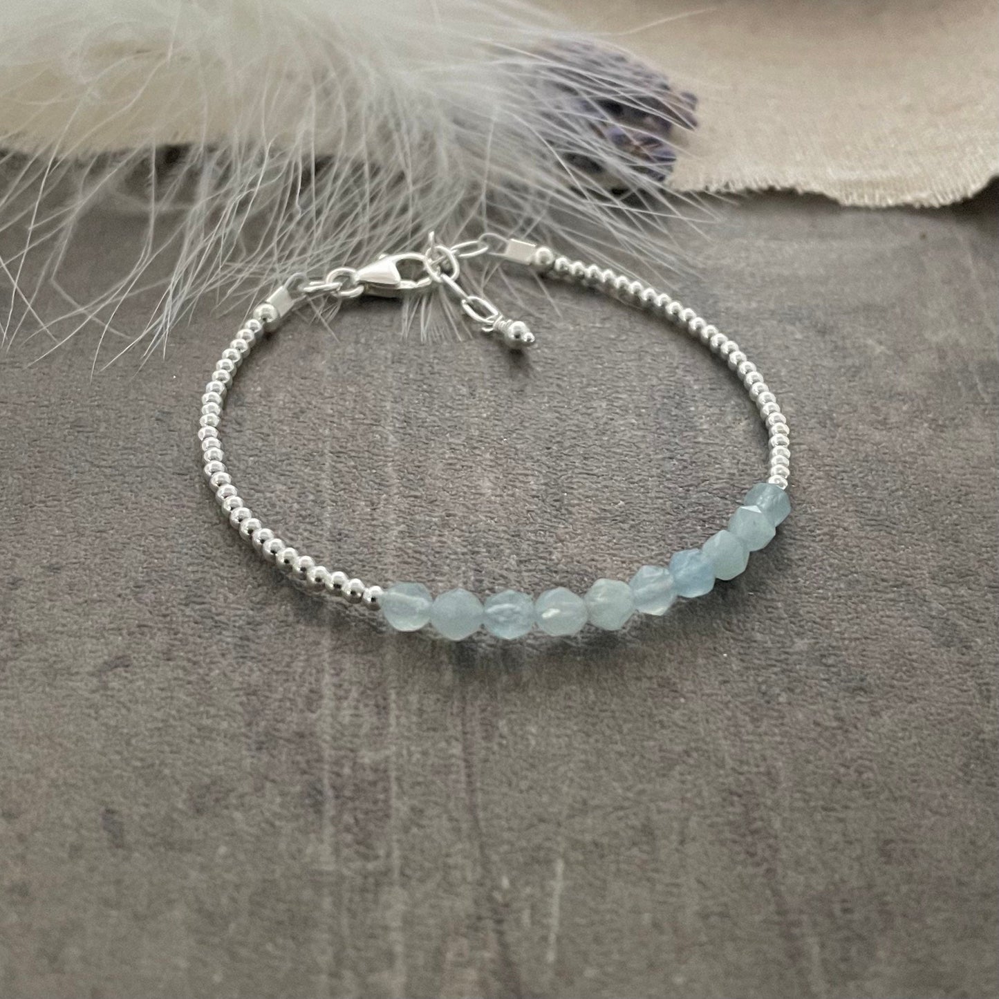 Aquamarine March Birthstone Bracelet, dainty stacking bracelet in sterling silver