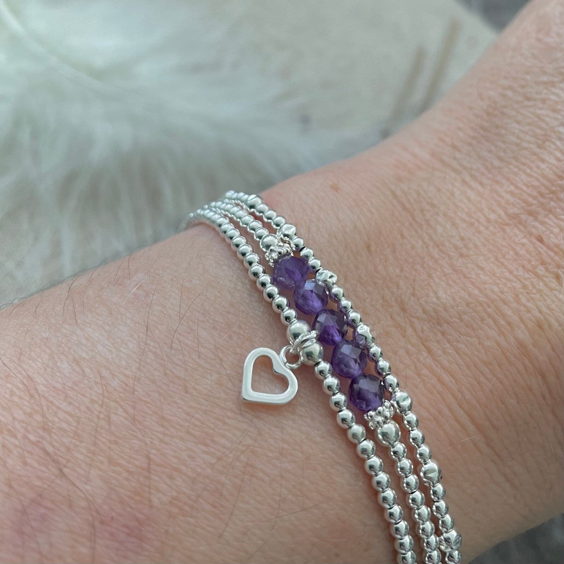 A Dainty February Birthstone Amethyst Bracelet Set, February Stacking Bracelets for Women in Sterling Silver