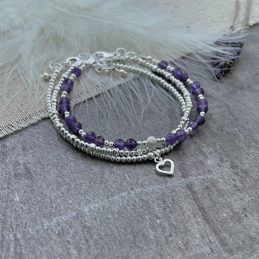 A Dainty February Birthstone Amethyst Bracelet Set, February Stacking Bracelets for Women in Sterling Silver