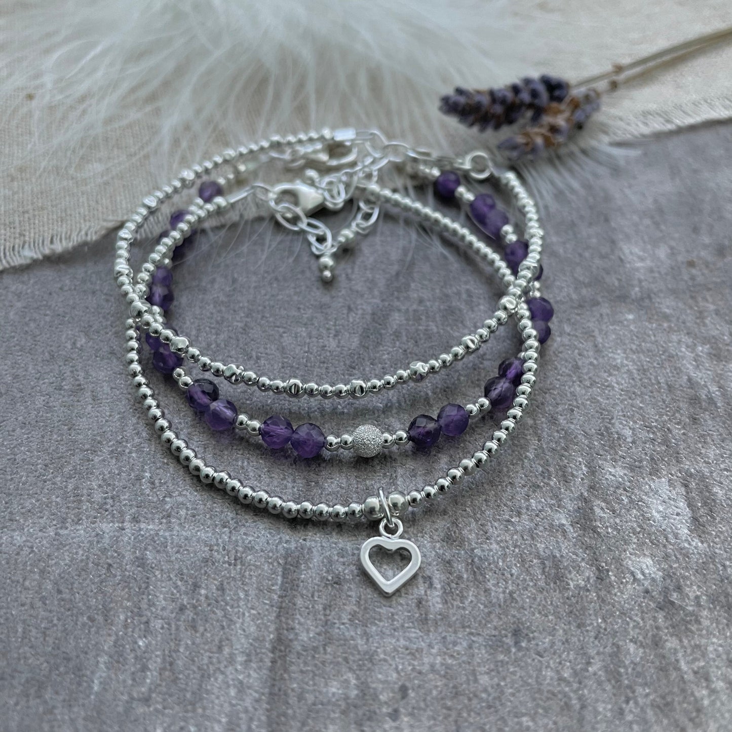 A Dainty February Birthstone Amethyst Bracelet Set, February Stacking Bracelets for Women in Sterling Silver