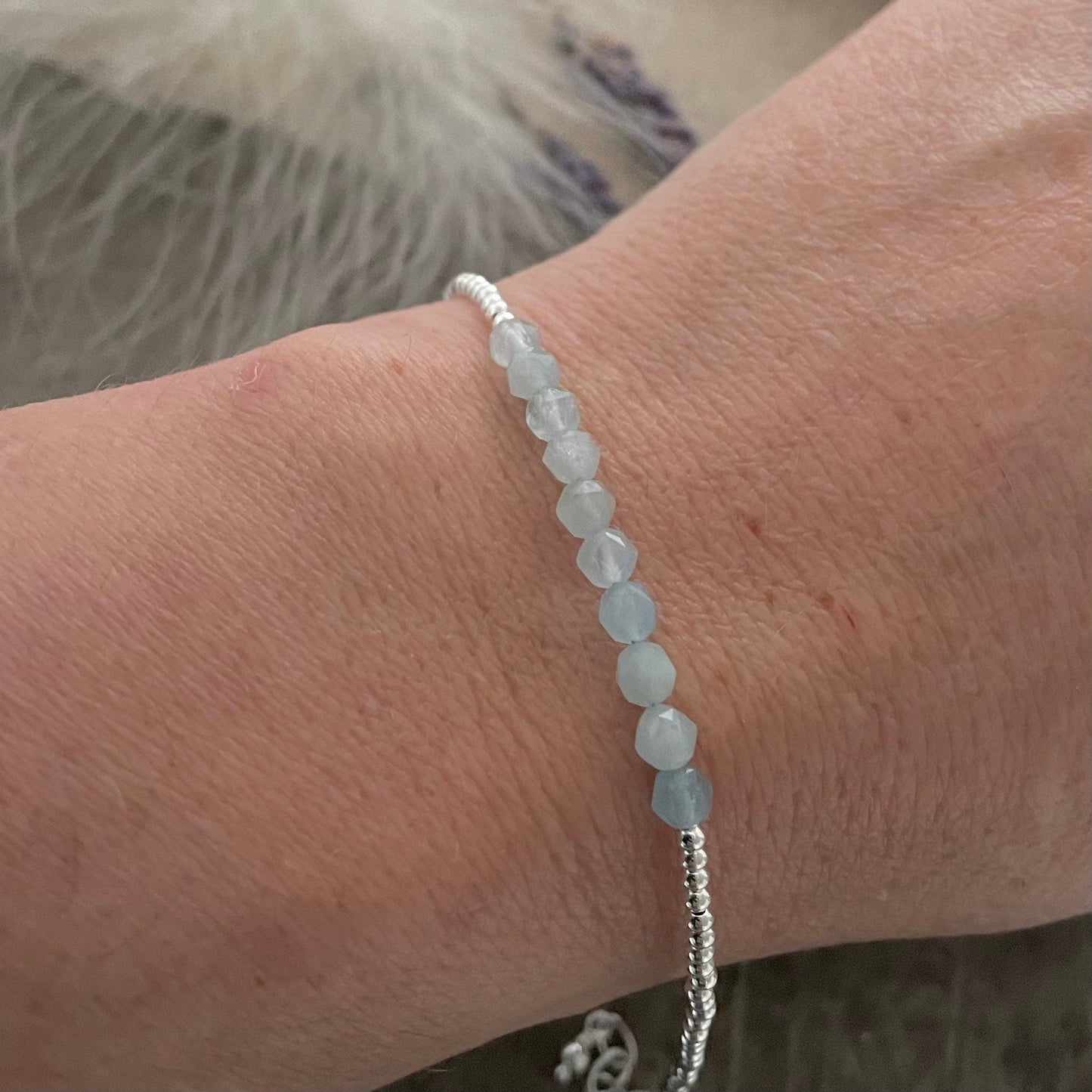 Aquamarine March Birthstone Bracelet, dainty stacking bracelet in sterling silver