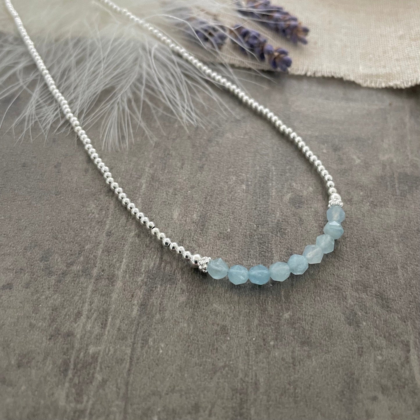 Thin Aquamarine and Sterling Silver Bead Necklace, March Birthstone