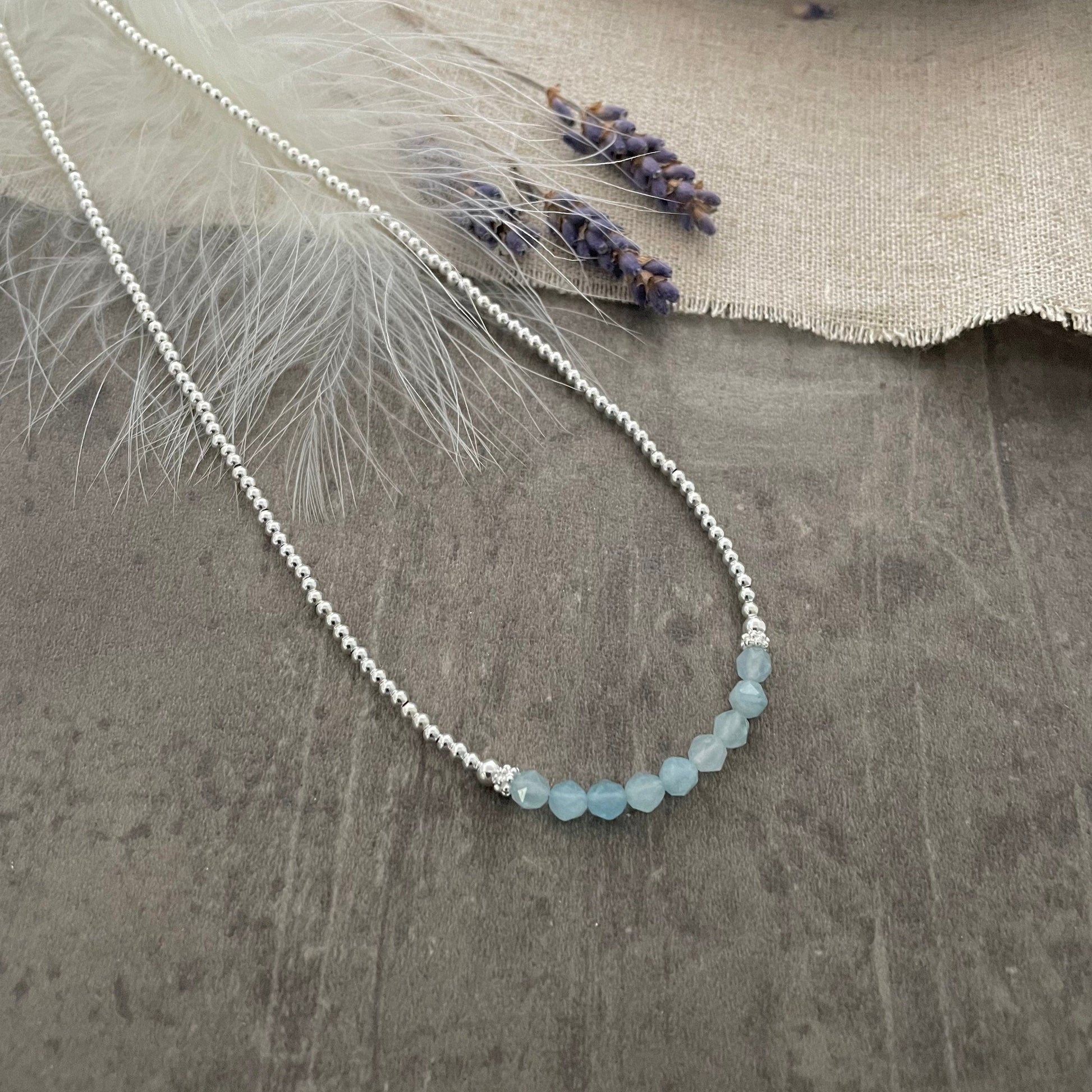 Thin Aquamarine and Sterling Silver Bead Necklace, March Birthstone