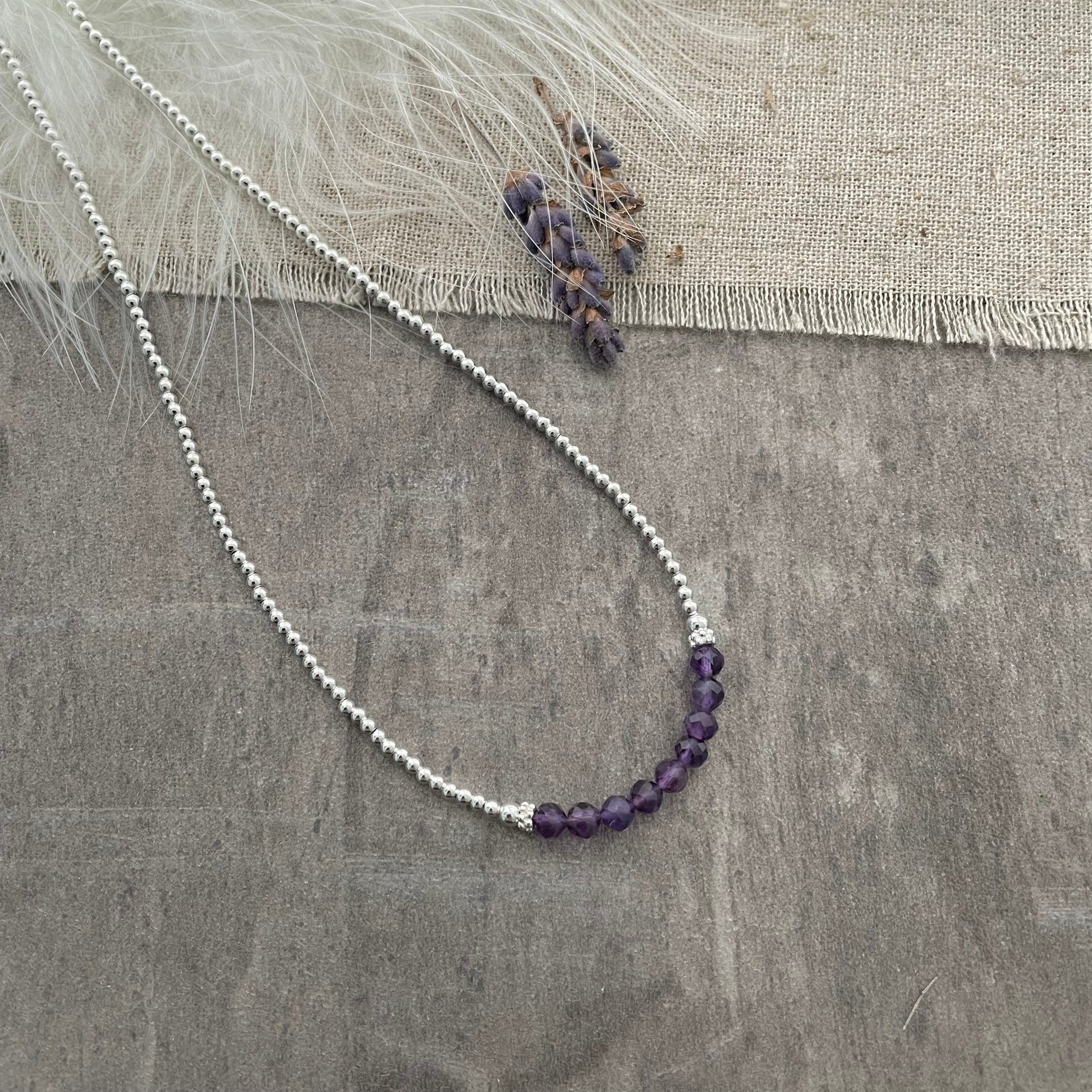 Thin Amethyst and Sterling Silver Bead Necklace, February Birthstone