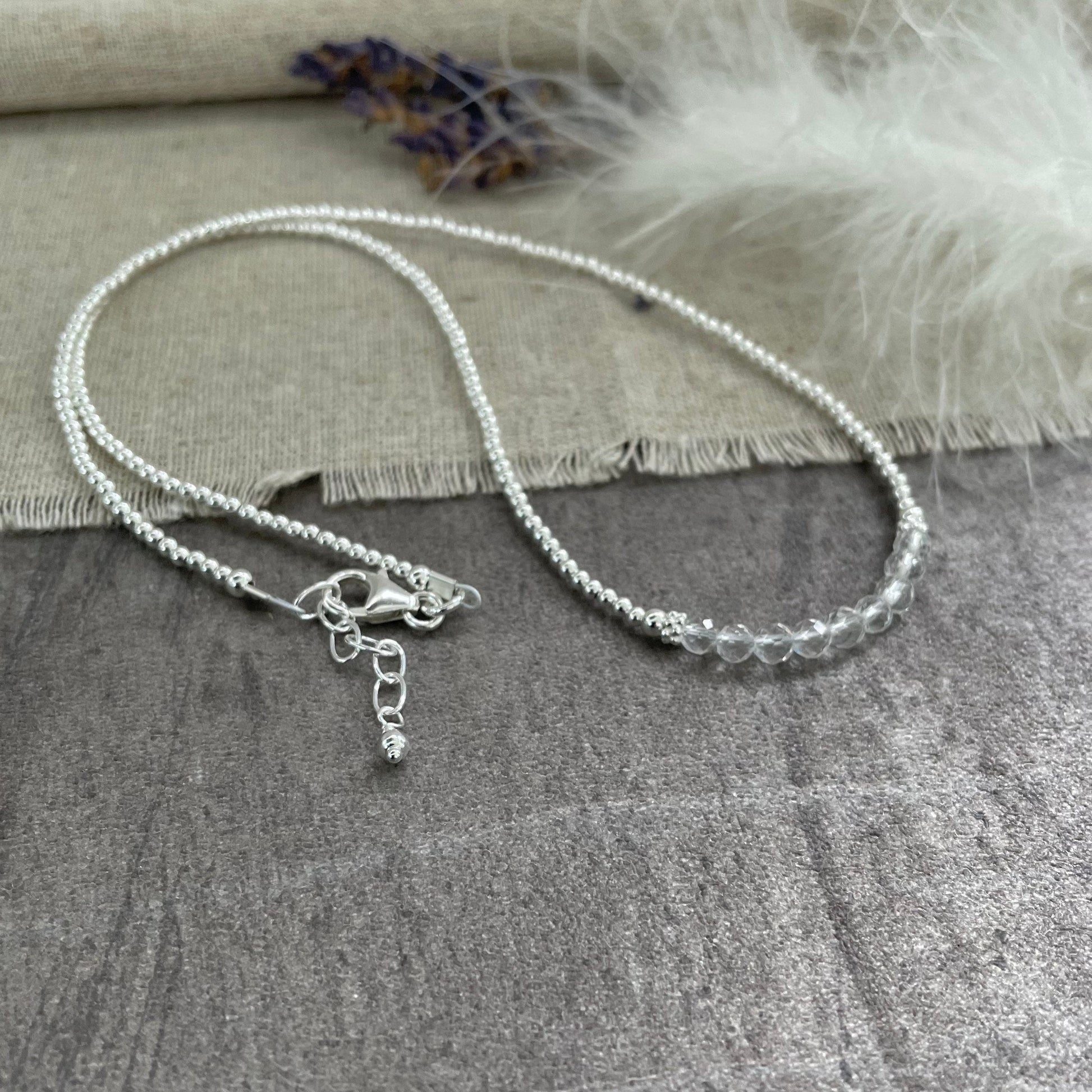 Thin Rock Quartz and Sterling Silver Bead Necklace, April Birthstone