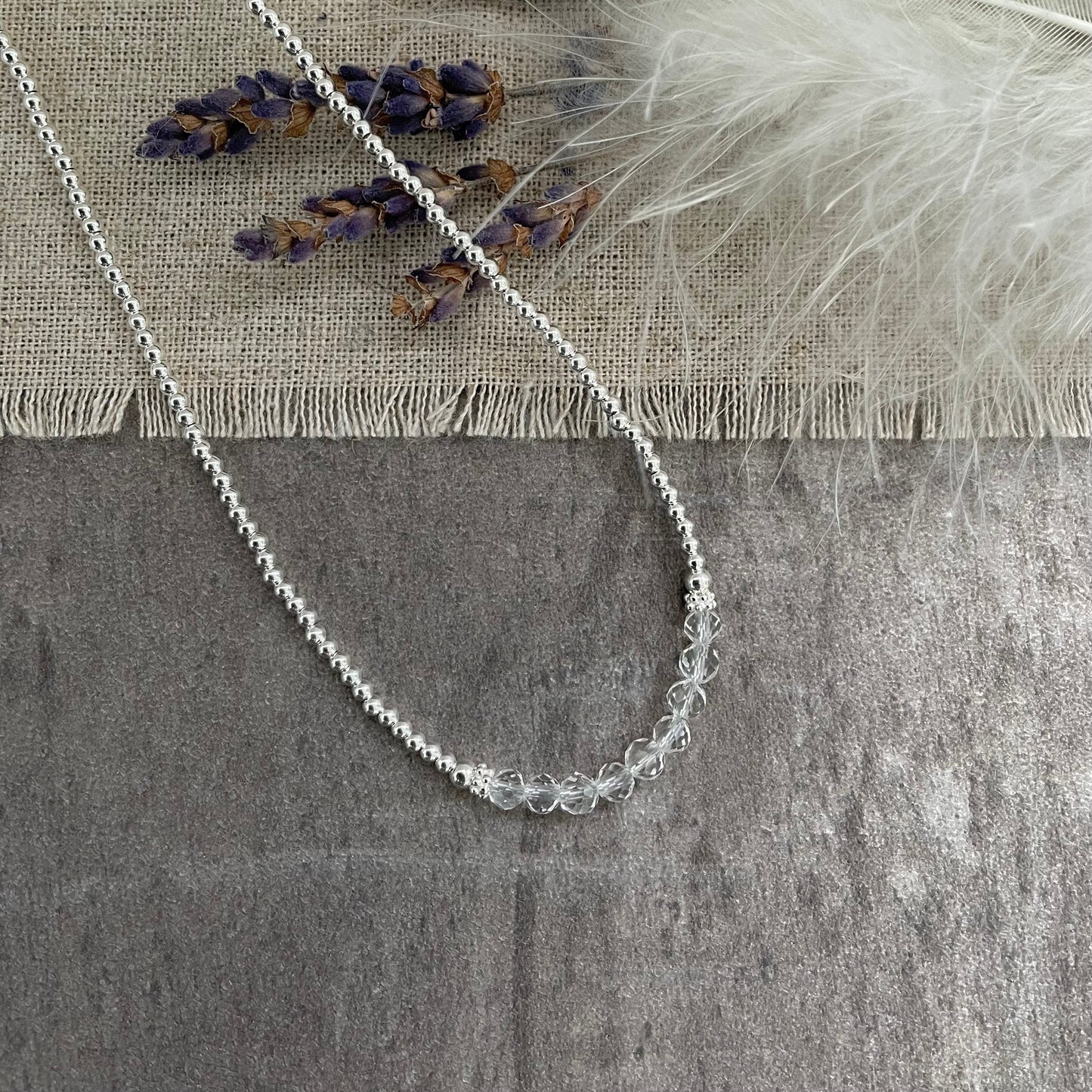 Thin Rock Quartz and Sterling Silver Bead Necklace, April Birthstone