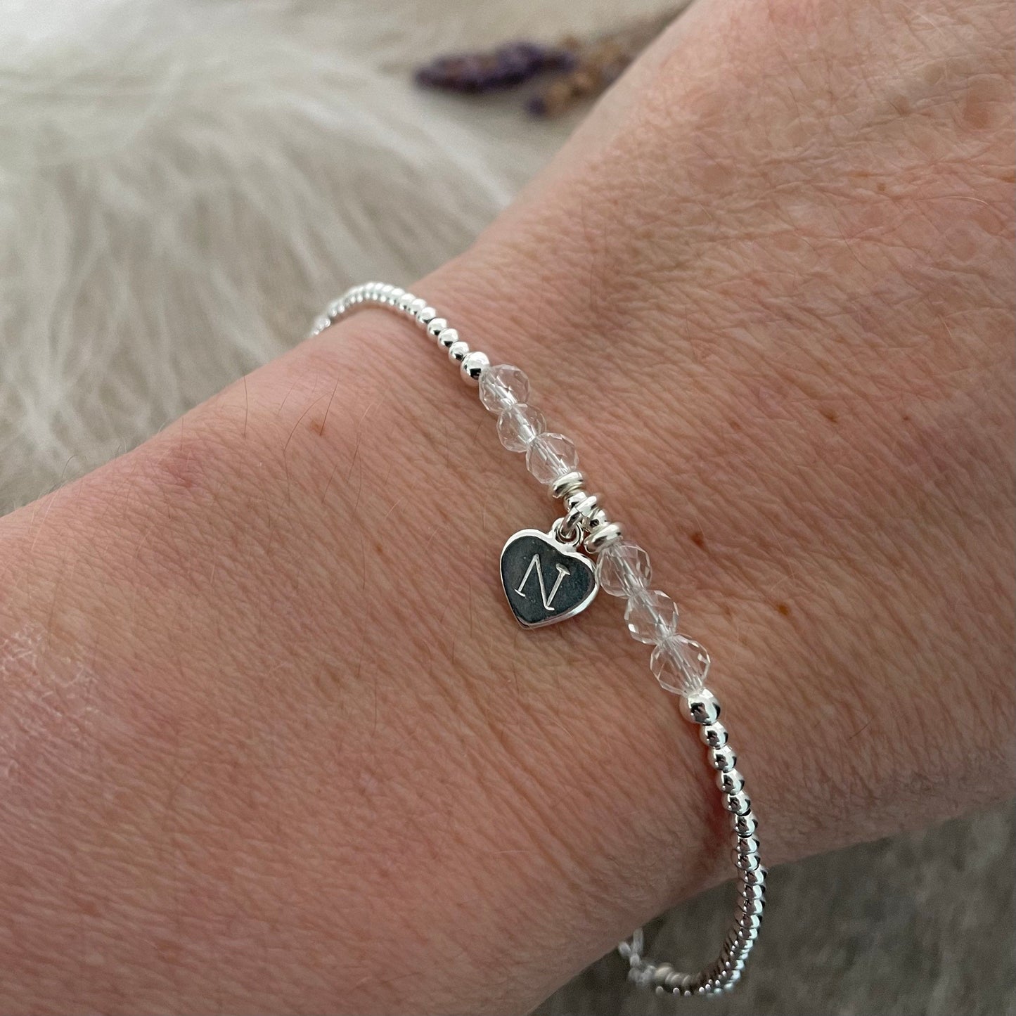 Personalised April Birthstone Bracelet, Dainty Rock Quartz Bracelet in Sterling Silver nft