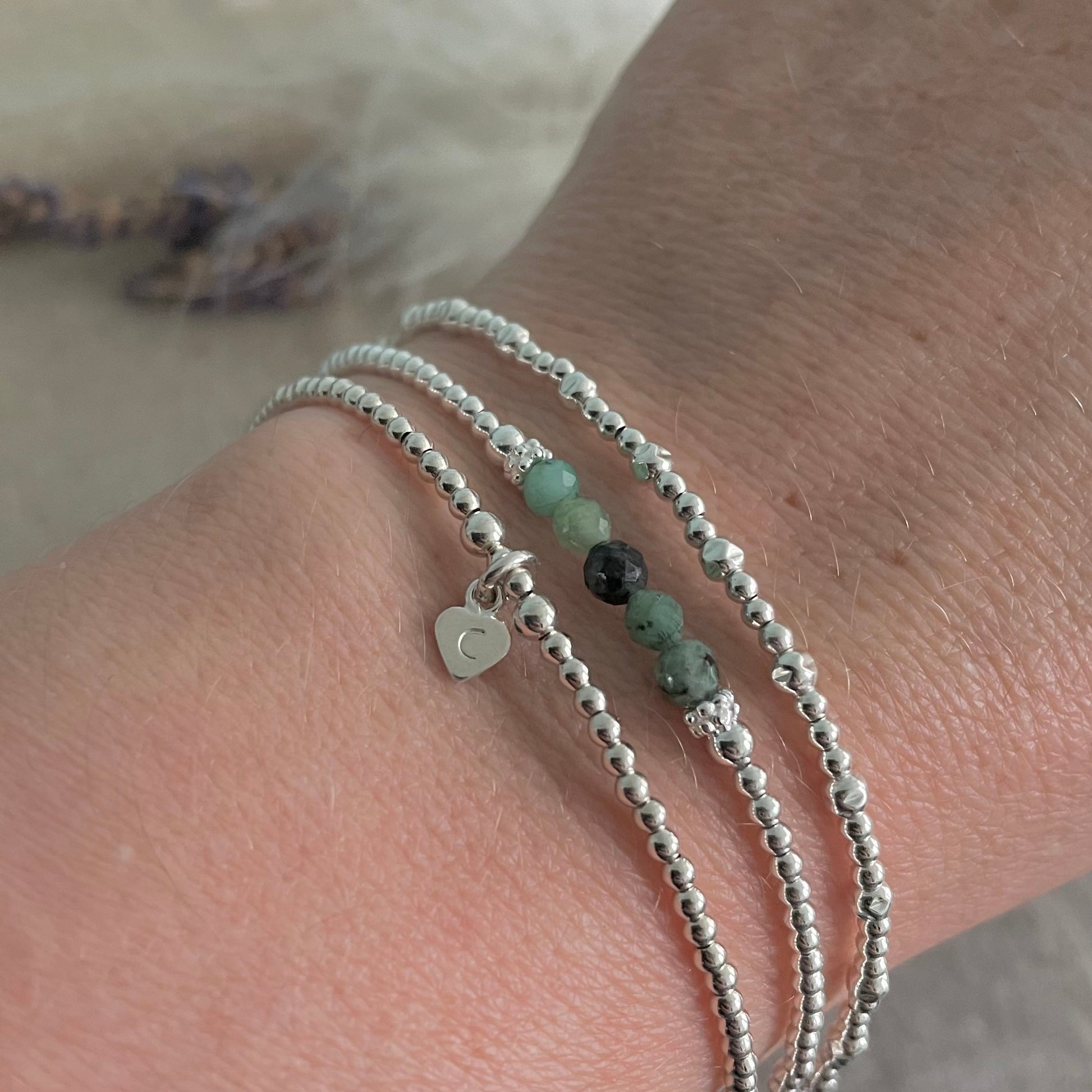 Personalised May Birthstone Emerald Bracelet Set, Dainty Sterling Silver Stacking Bracelets for Women