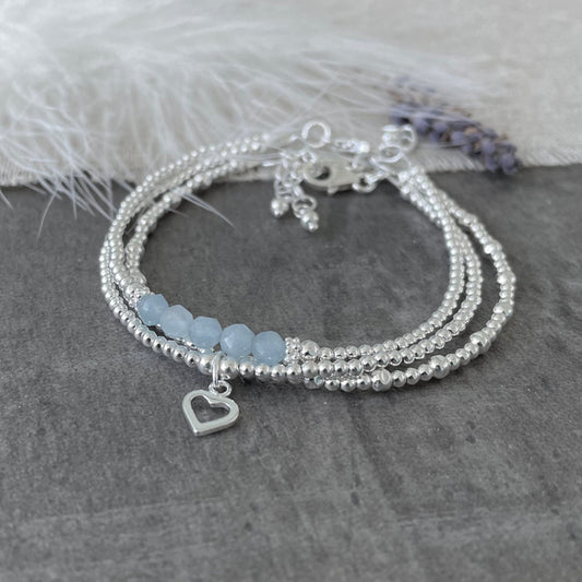 A Dainty March Birthstone Aquamarine Bracelet Set, March Stacking Bracelets for Women in Sterling Silver