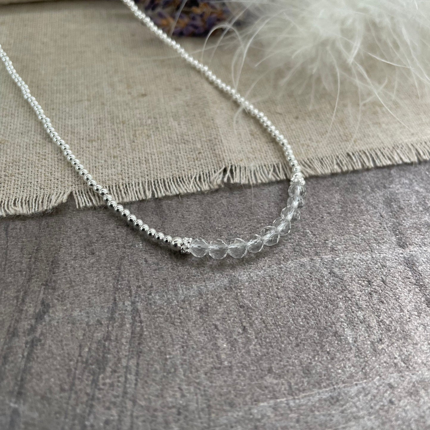 Thin Rock Quartz and Sterling Silver Bead Necklace, April Birthstone