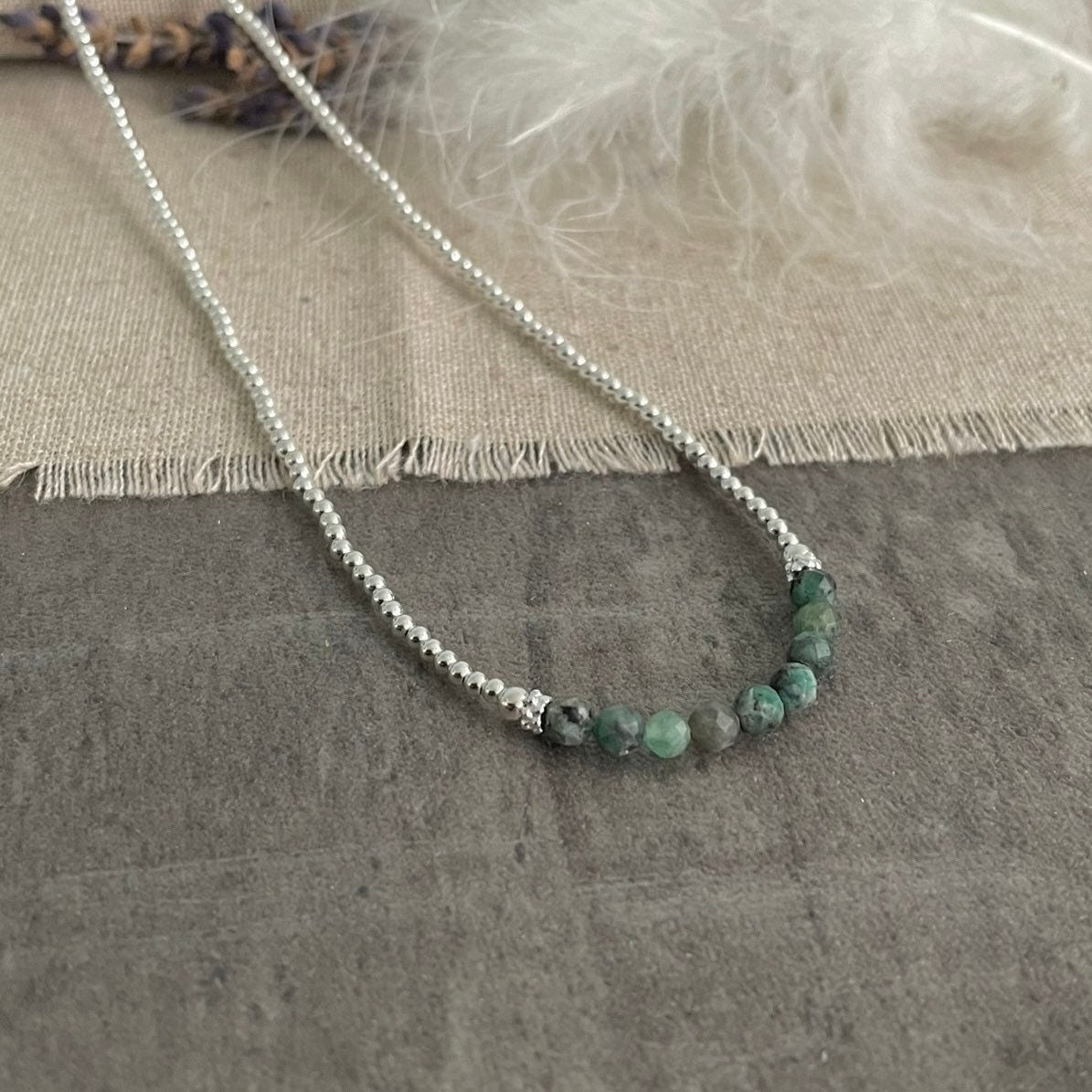 Thin Emerald and Sterling Silver Bead Necklace, May Birthstone