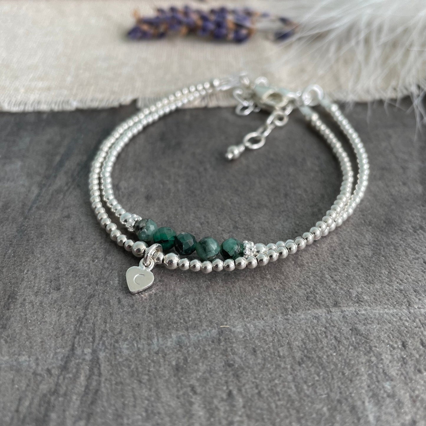 Personalised Green Emerald Bracelet Set, May Birthstone Jewellery