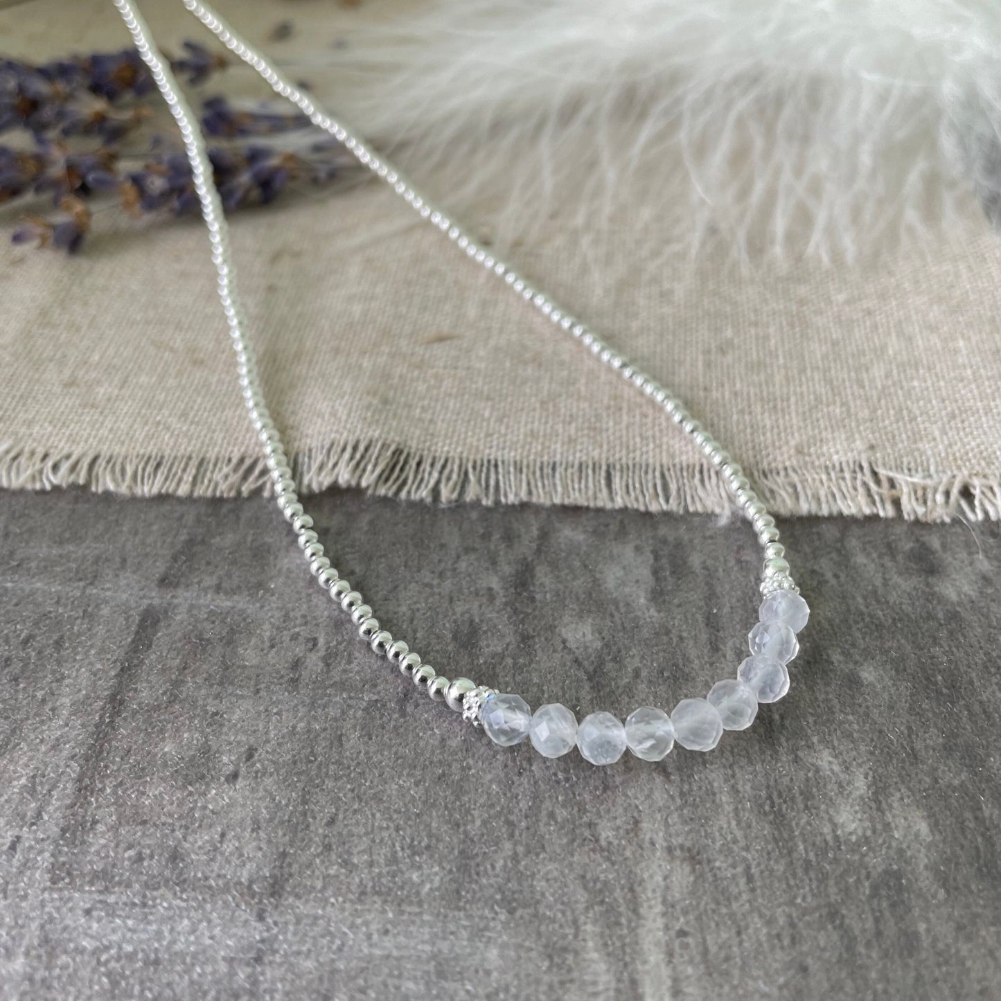 Thin Moonstone and Sterling Silver Bead Necklace, June Birthstone