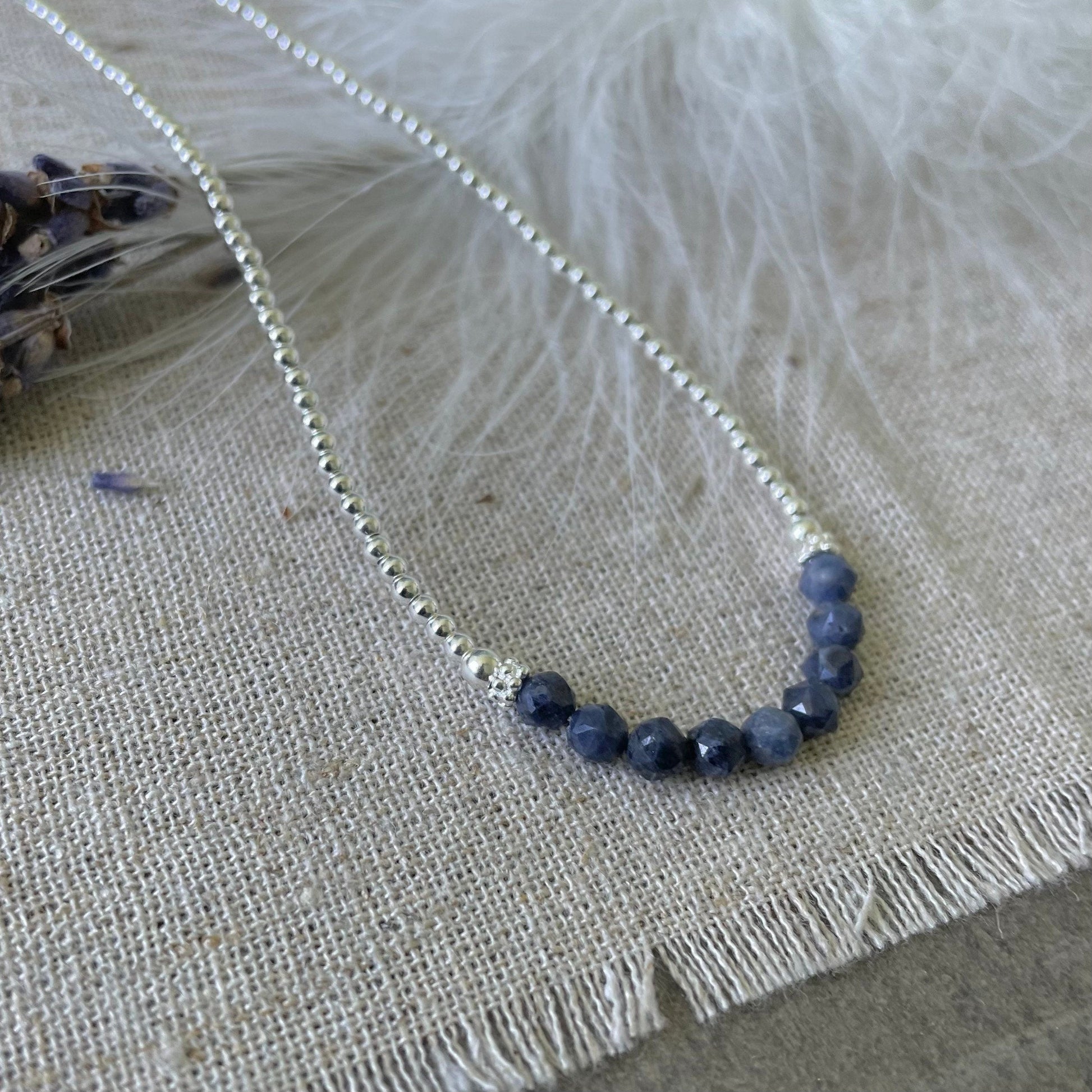 Thin Blue Sapphire and Sterling Silver Bead Necklace, September Birthstone