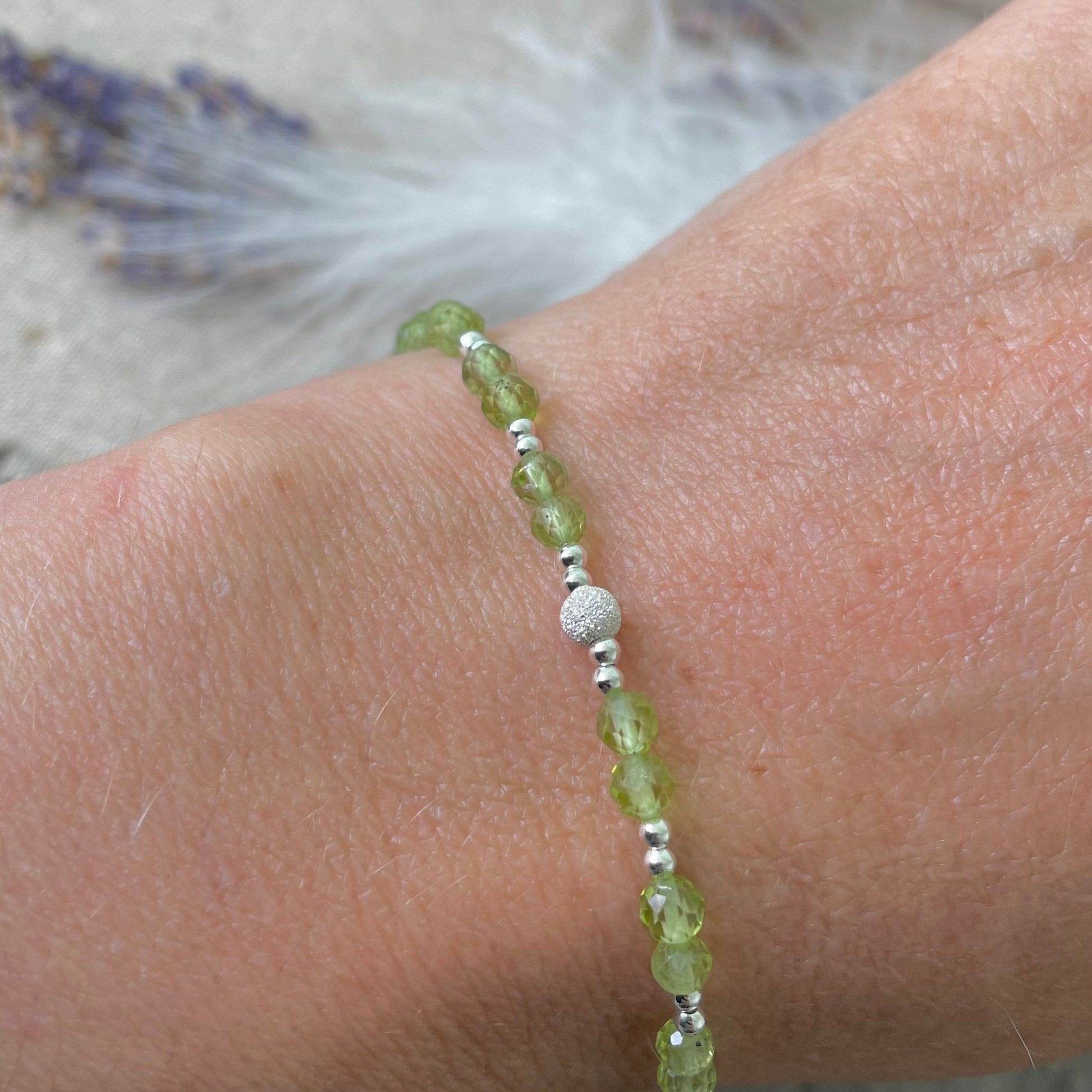 August Birthstone Bracelet, Dainty Peridot Bracelet in Sterling Silver