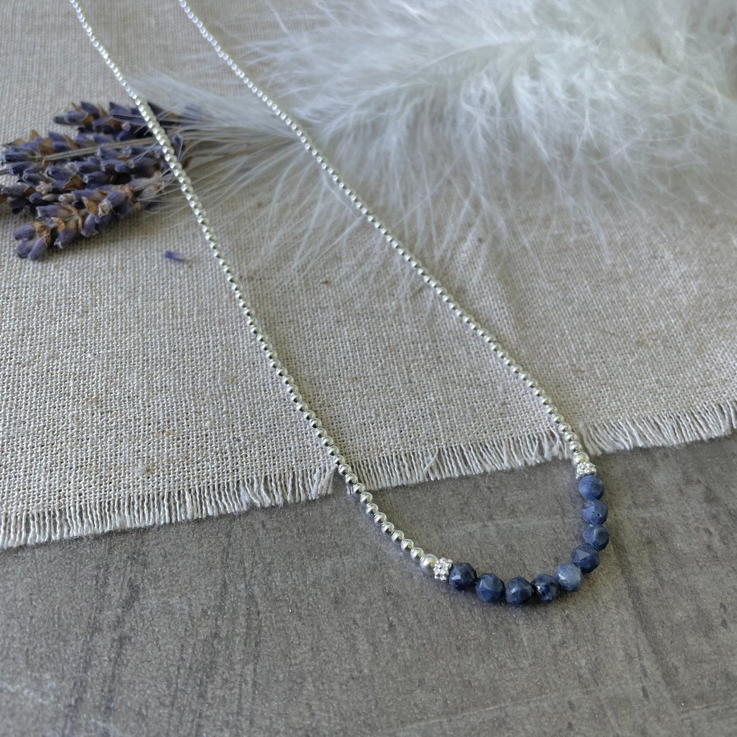 Thin Blue Sapphire and Sterling Silver Bead Necklace, September Birthstone