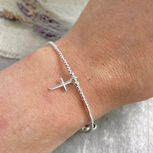 Cross Charm Bracelet, Sterling Silver Religious Gift