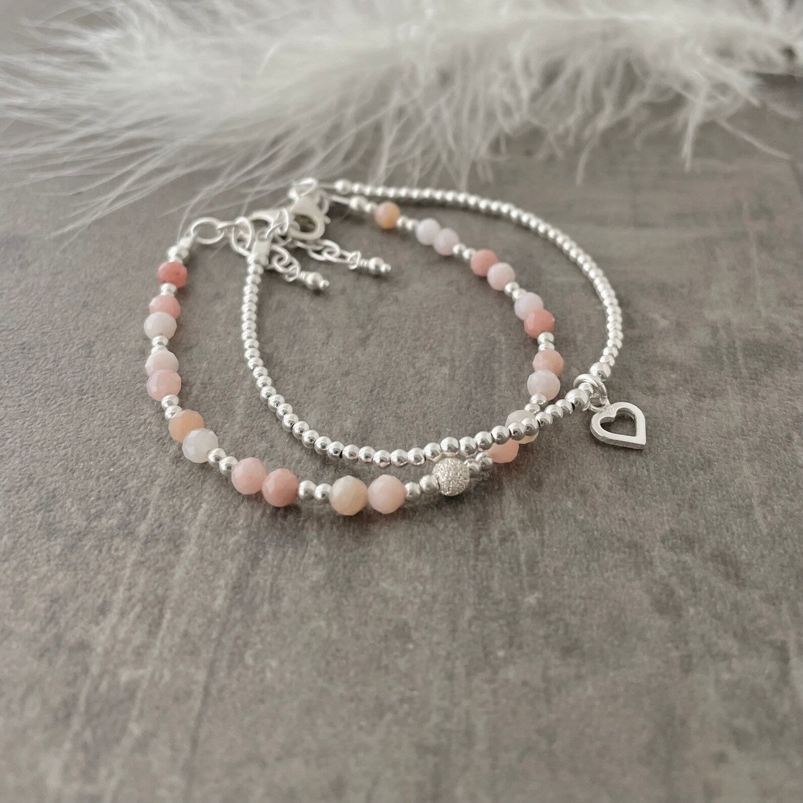 Set of 2 Pink Opal Bracelets, October Birthstone, Stacking Bracelet Set, Dainty Sterling Silver Bracelets for Women