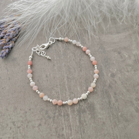 October Birthstone Bracelet, Dainty Pink Opal Bracelet in Sterling Silver