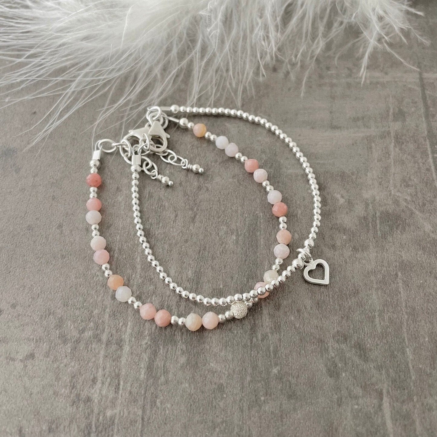 Set of 2 Pink Opal Bracelets, October Birthstone, Stacking Bracelet Set, Dainty Sterling Silver Bracelets for Women