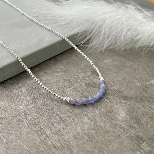 Thin Tanzanite and Sterling Silver Bead Necklace, December Birthstone