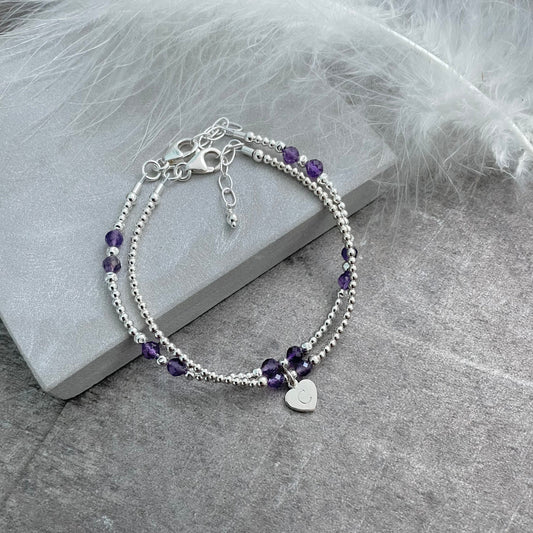 Personalised Bracelet Set with Amethyst, February Birthstone Jewellery