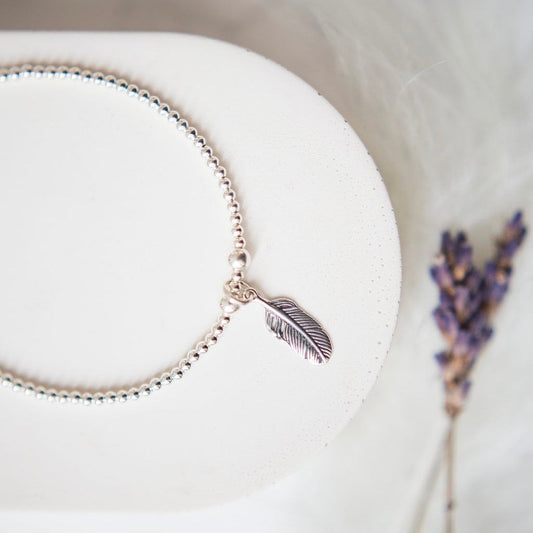 Dainty Silver Feather Bracelet, Sterling Silver Charm Bracelet with Feather nft