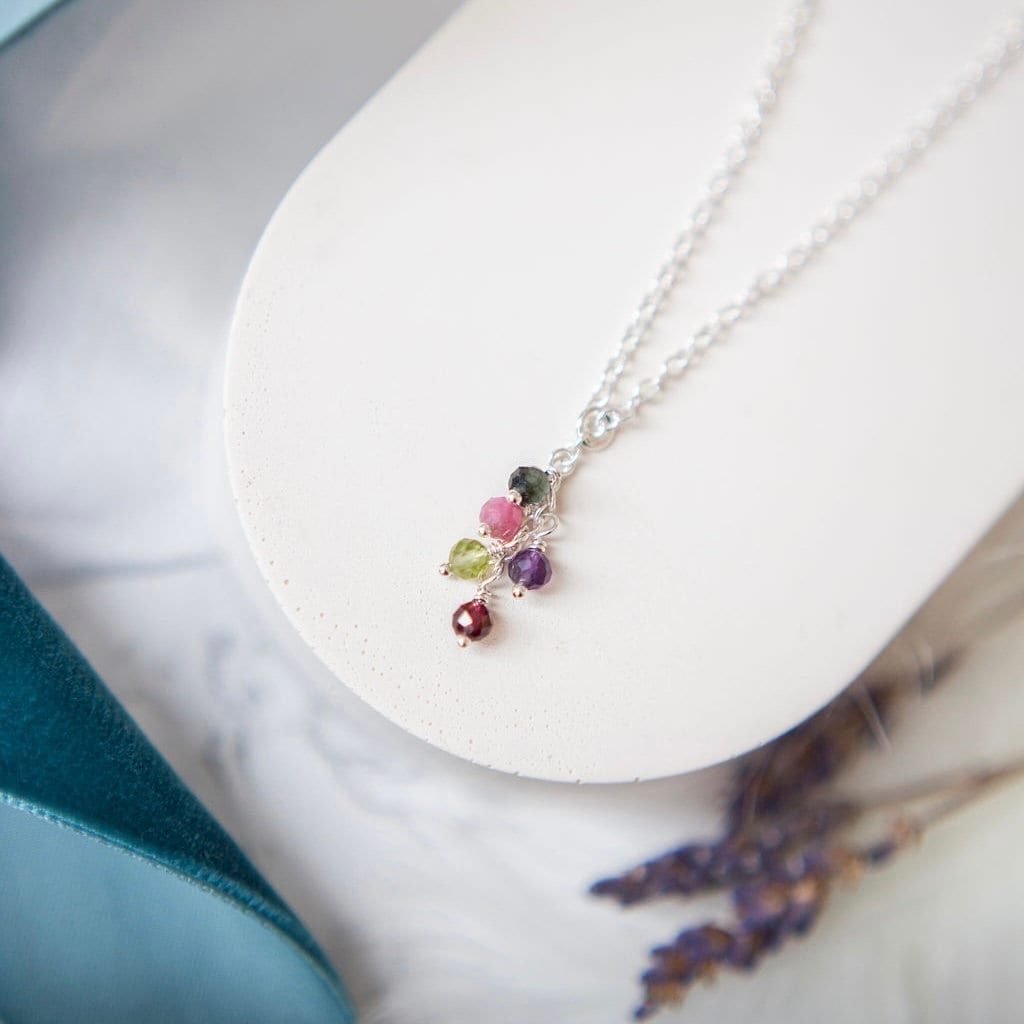 Dainty Family Birthstone Cascade Necklace, Family Jewellery for Mum in Sterling Silver