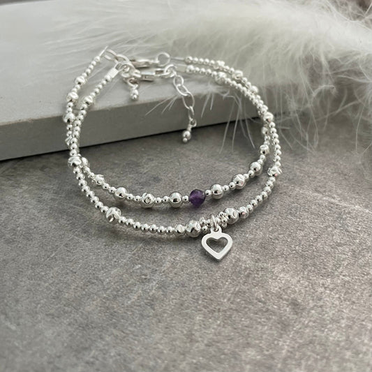 Birthstone Bracelet Set made with Birthstone and Sterling Silver, Birthday Gift for Women