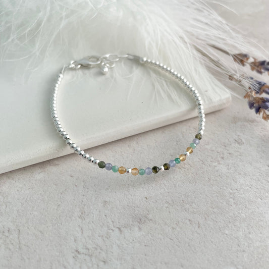 Very Dainty 2mm Family Birthstone Bracelet, Tiny Silver Bracelet