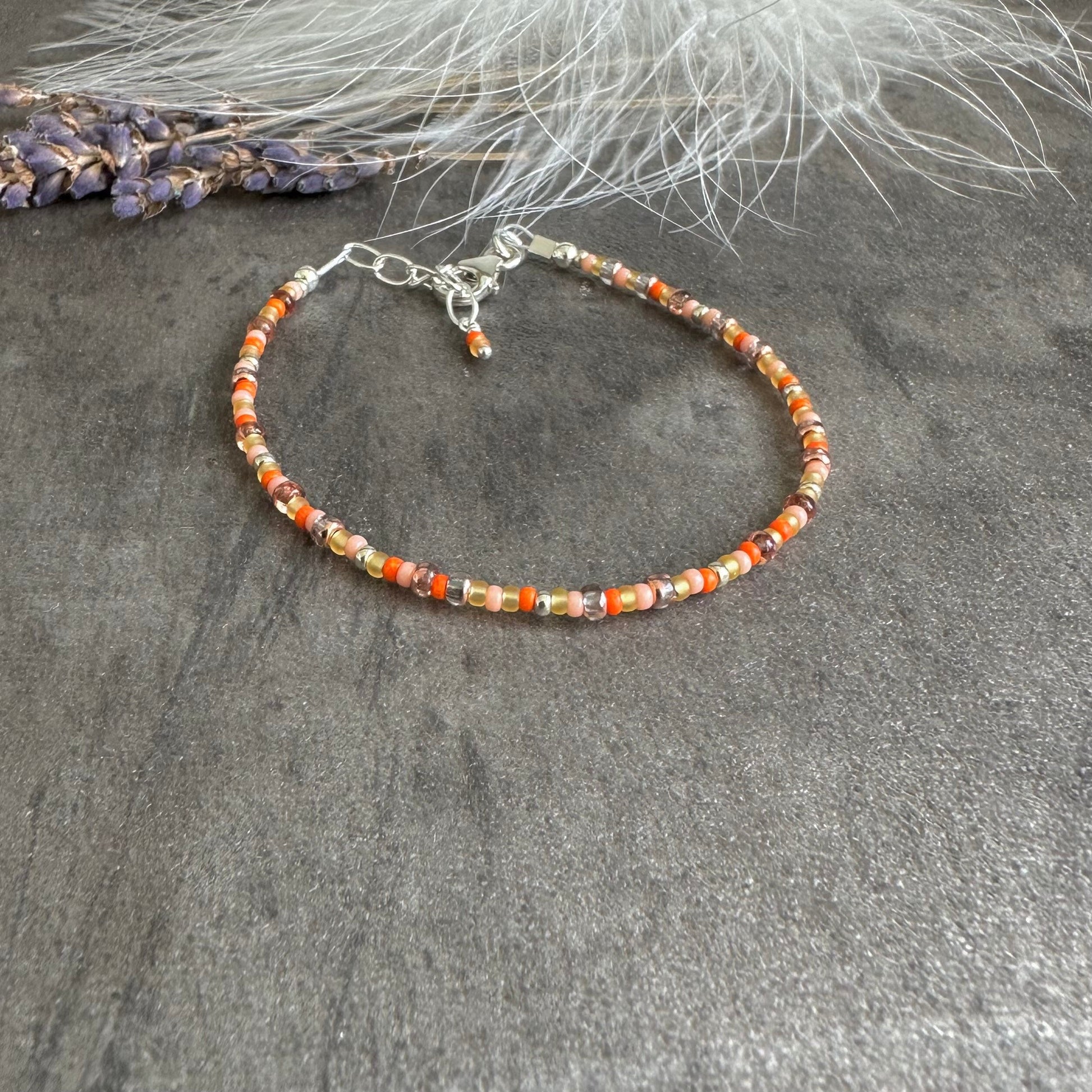 Thin Orange Bracelet with seed beads Shades of Orange