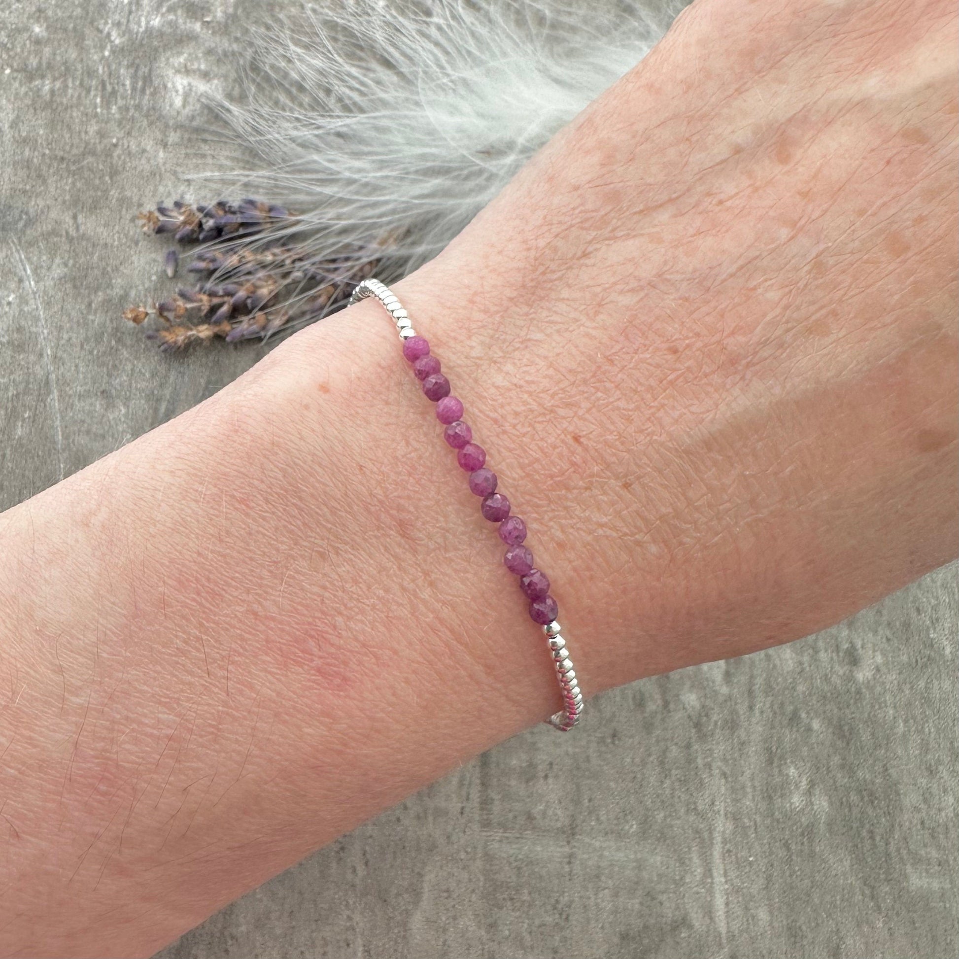 Ruby July Birthstone Bracelet, dainty stacking bracelet in sterling silver