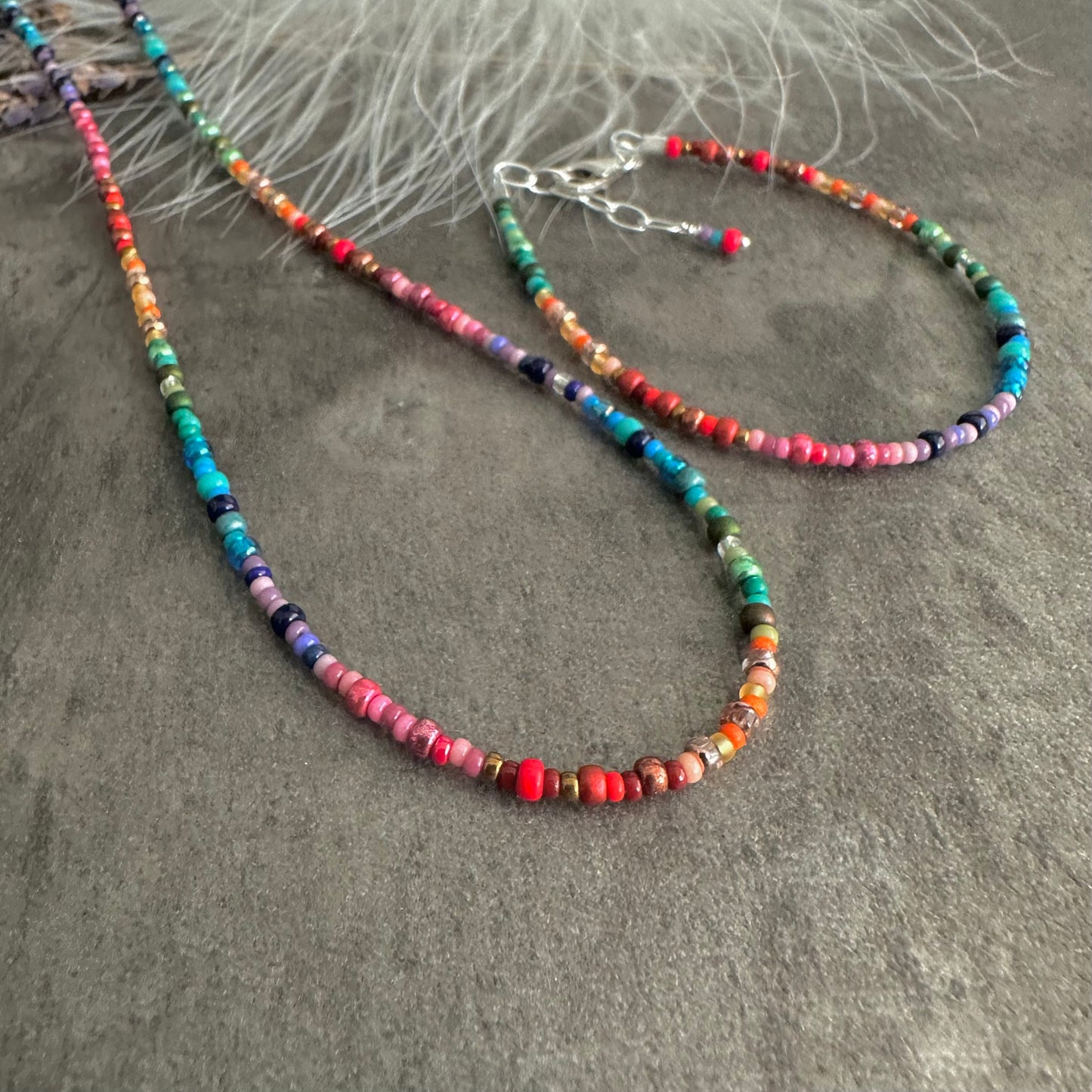 Thin Rainbow Beaded Bracelet necklace set with seed beads rainbow colours