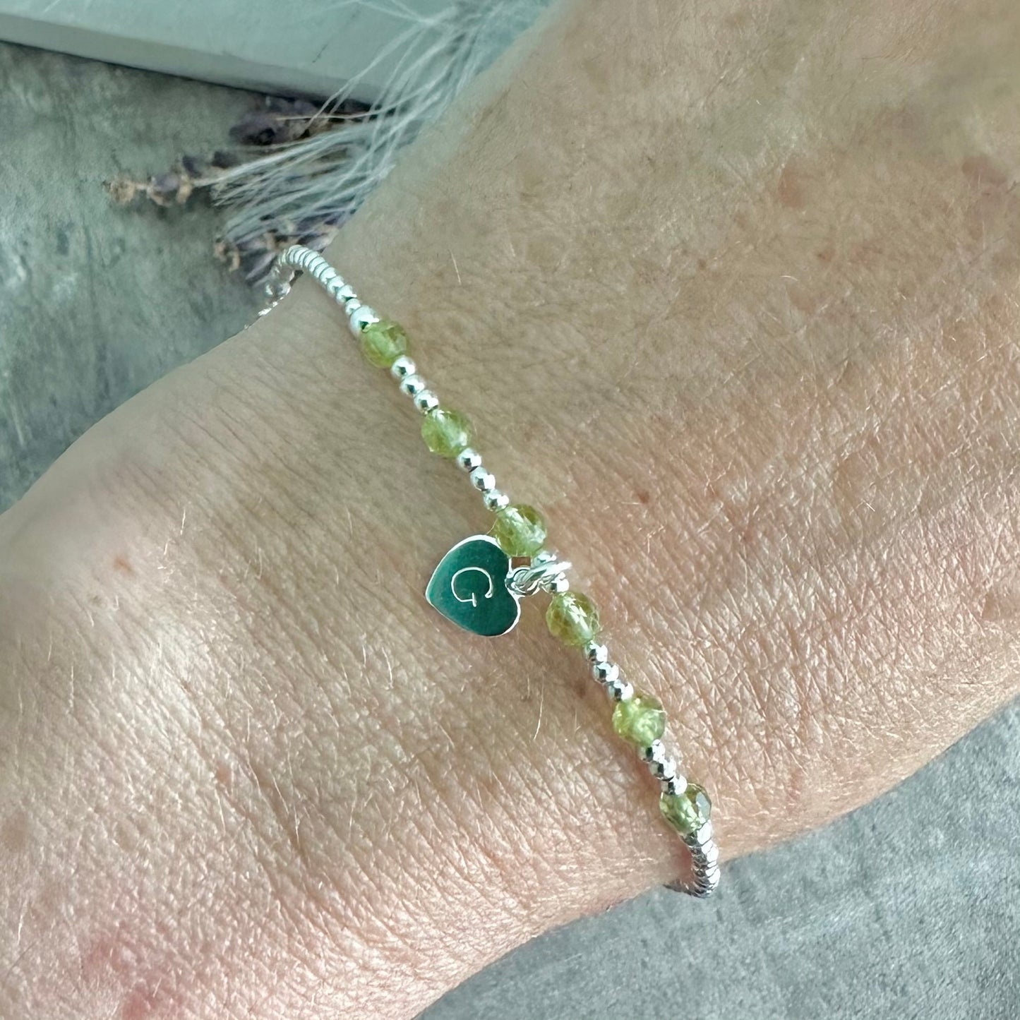 Personalised Peridot Bracelet, Dainty August Birthstone Jewellery in Sterling Silver