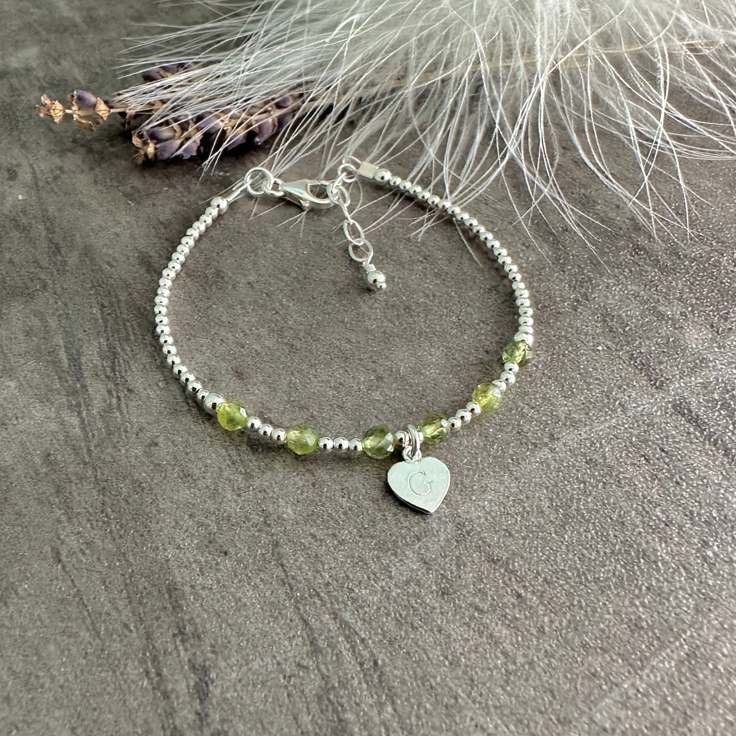 Personalised Peridot Bracelet, Dainty August Birthstone Jewellery in Sterling Silver