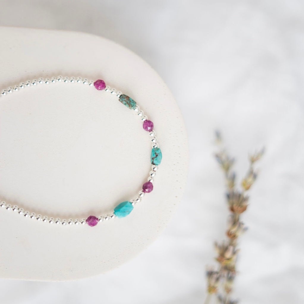 Ruby & Turquoise Birthstone Bracelet, July Birthstone