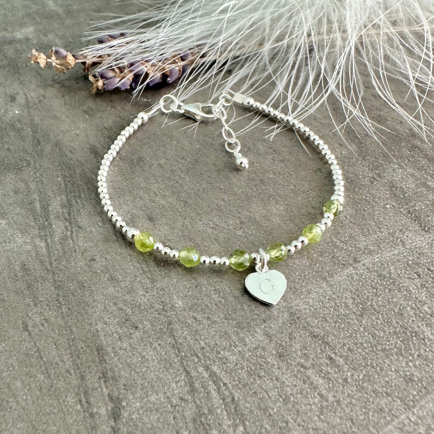 Personalised Peridot Bracelet, Dainty August Birthstone Jewellery in Sterling Silver