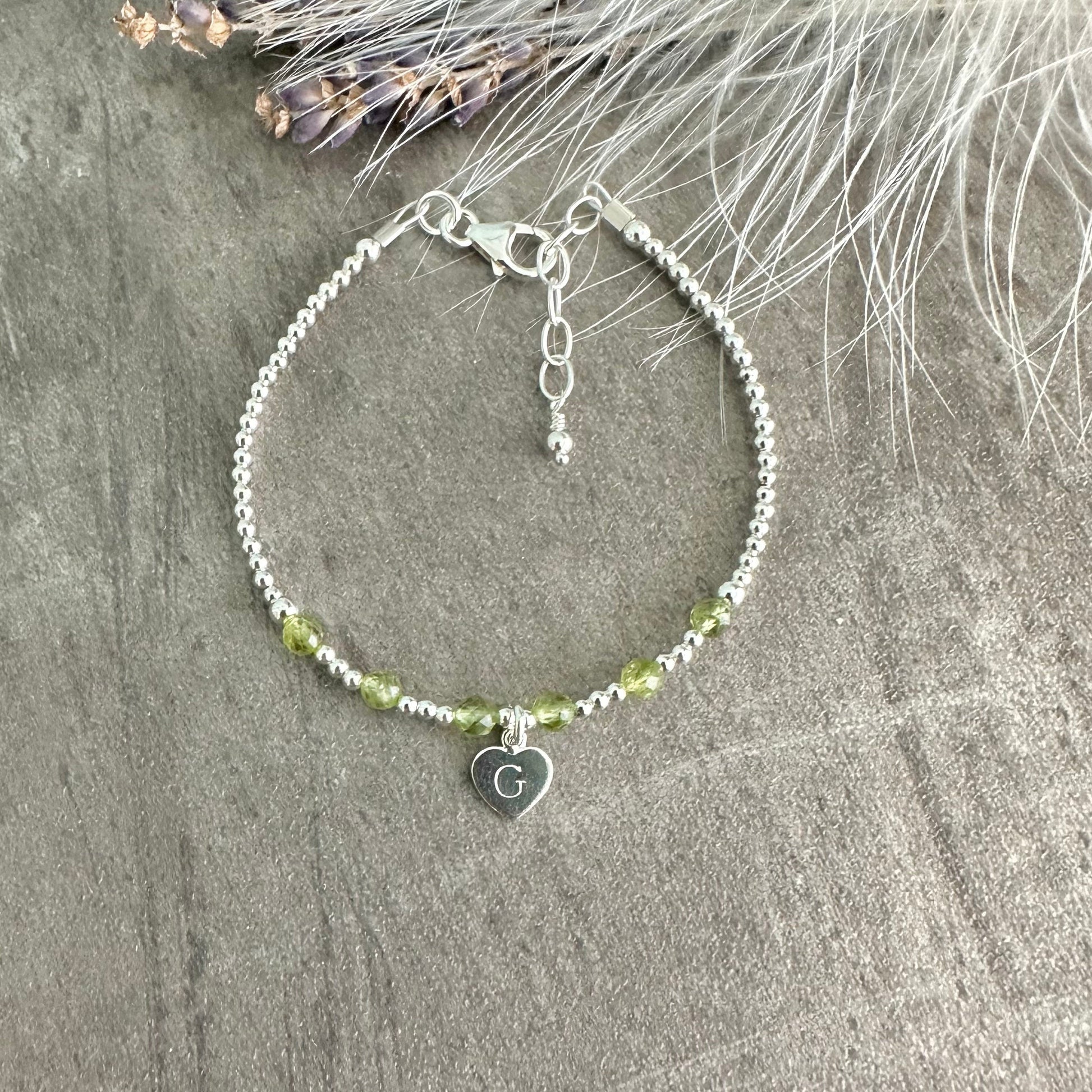 Personalised Peridot Bracelet, Dainty August Birthstone Jewellery in Sterling Silver