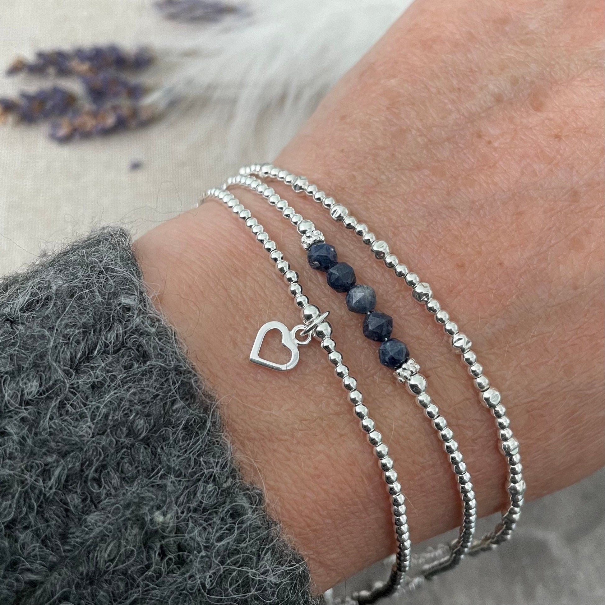 A Dainty September Birthstone Sapphire Bracelet Set, September Stacking Bracelets for Women in Sterling Silver