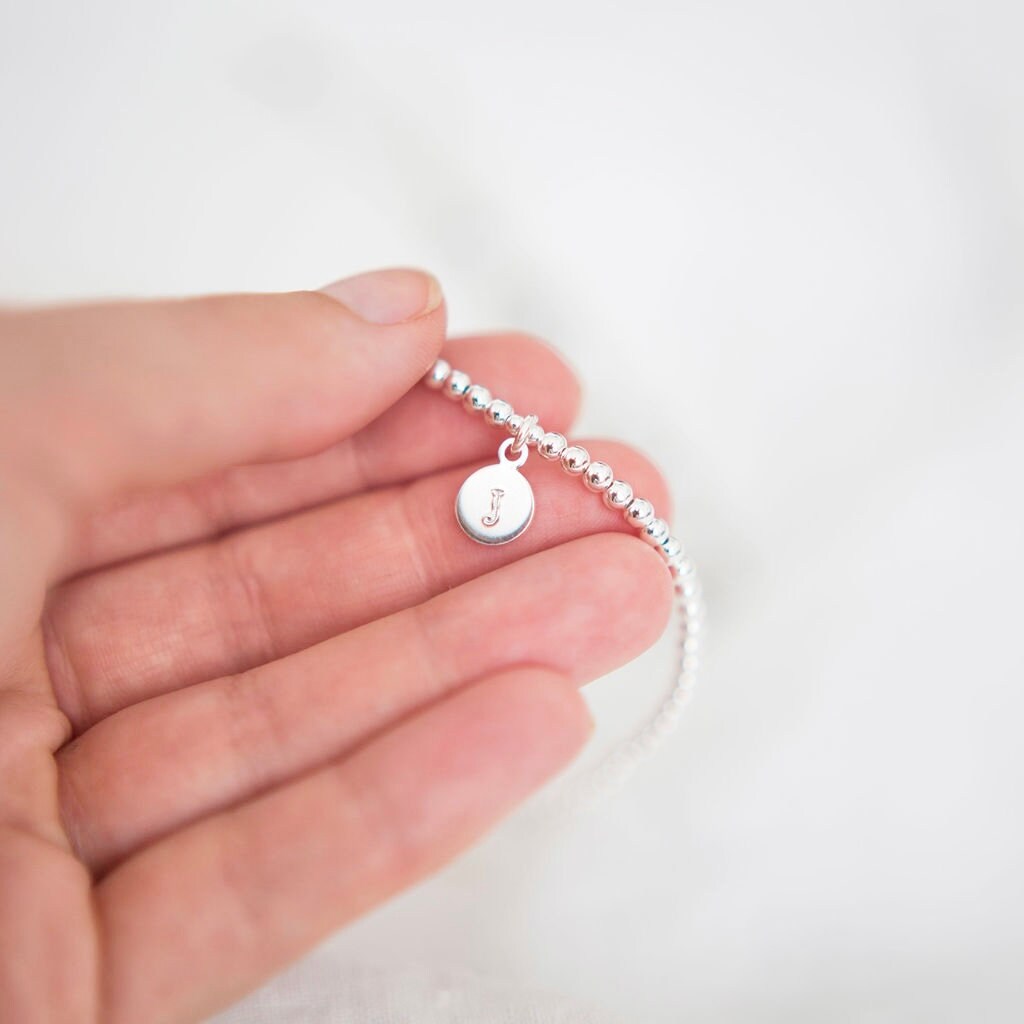 Sterling Silver Initial Disc Bracelet 3mm beads, Personalised Bracelet